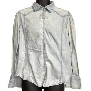 Vintage Y2K Caslon Snap Button Up Shirt XL Blue Long Sleeve Cotton STAIN